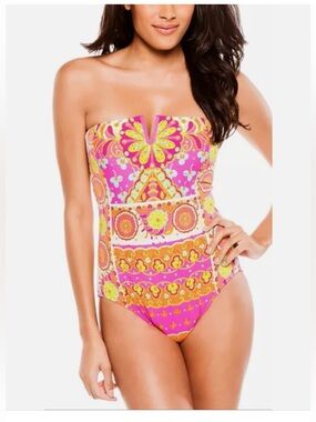 Strapless Pink & Yellow Paisley One-Piece Swimsuit